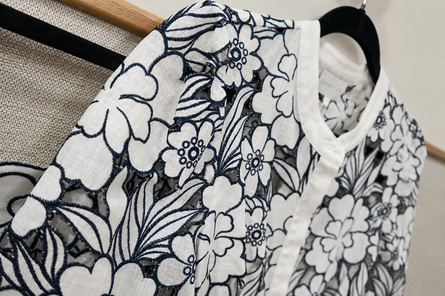 Close detail of fabric texture and embroidery