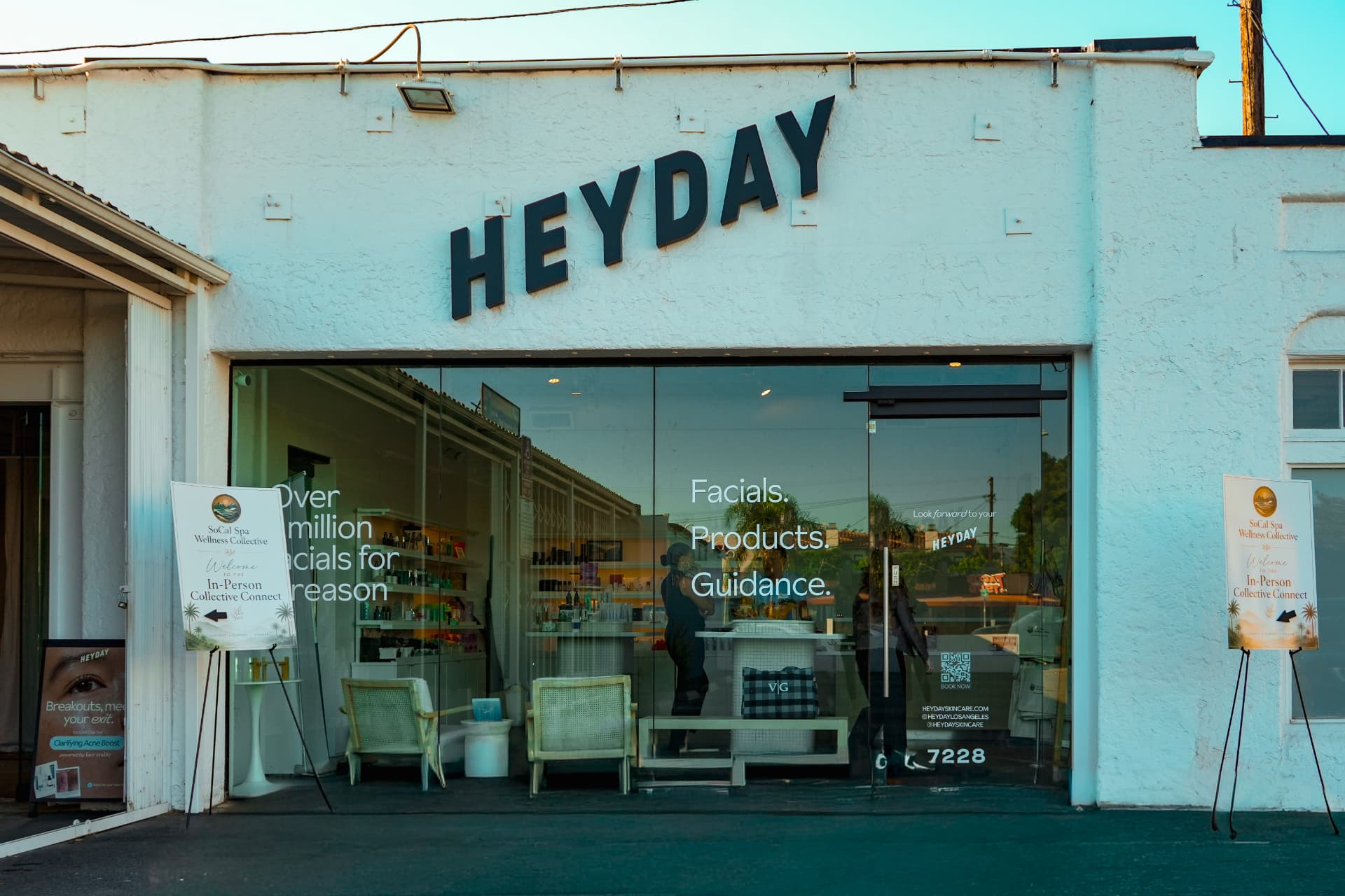 Heyday Beverly Hills storefront with SoCal Spa Wellness Collective welcome signs