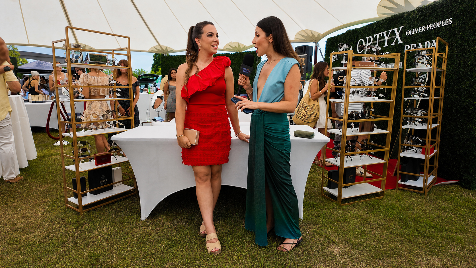 Guest being interviewed at the eyewear activation on the event lawn