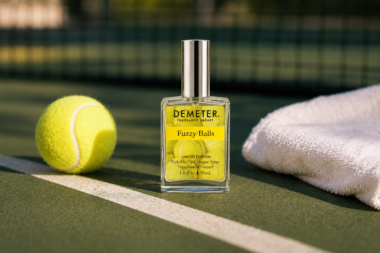 Demeter Fragrance Library cologne spray photographed courtside with a tennis ball and towel
