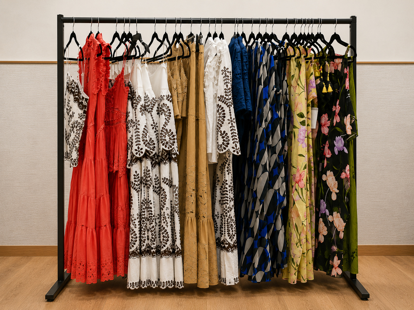 Christy Lynn Collection styled on a black clothing rack at AIREM Hamptons