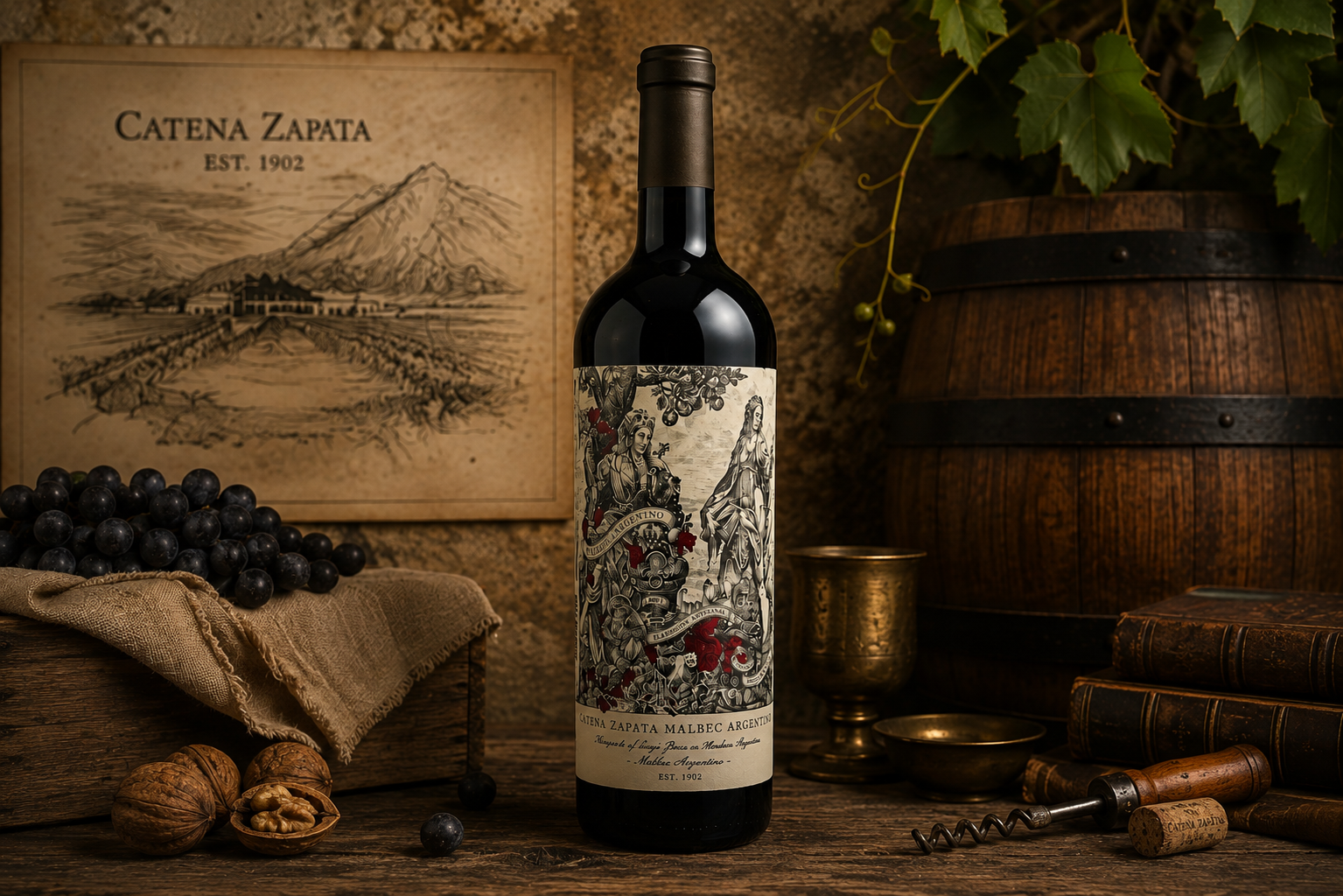 Catena Zapata Malbec styled with grapes, brass and old books in low warm light