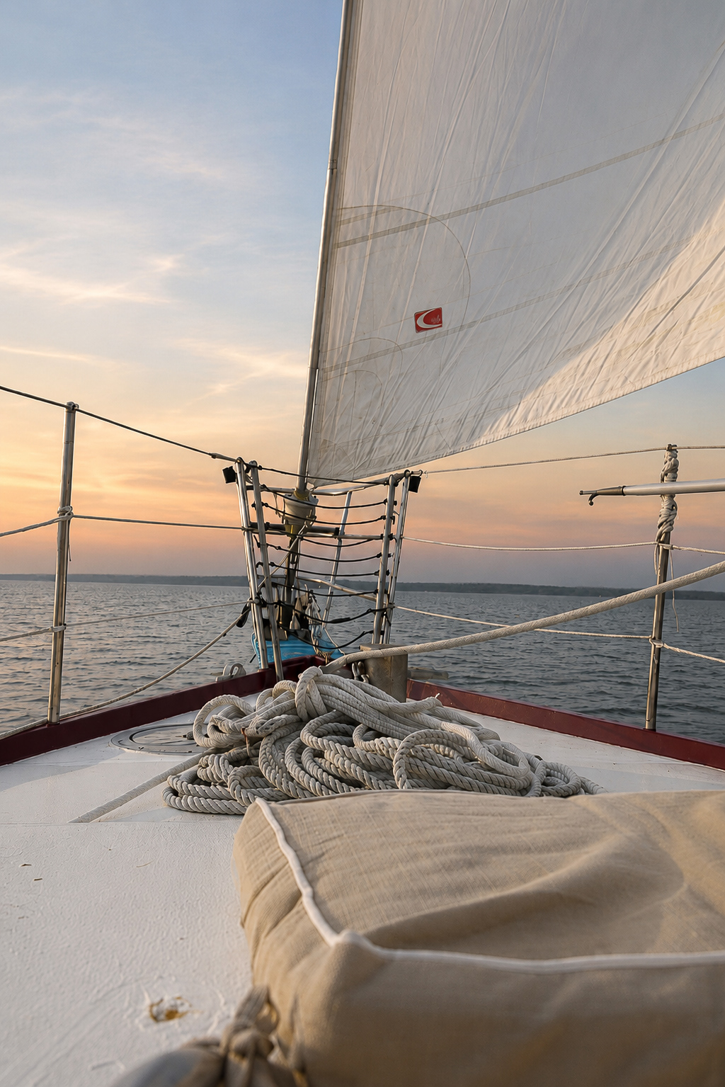 Bow of the sailboat with coiled lines and sail set at sunset
