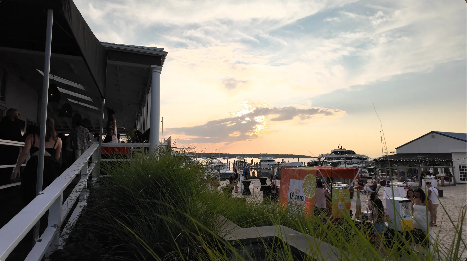 Sunset over the harbor behind the Si Si terrace and marina