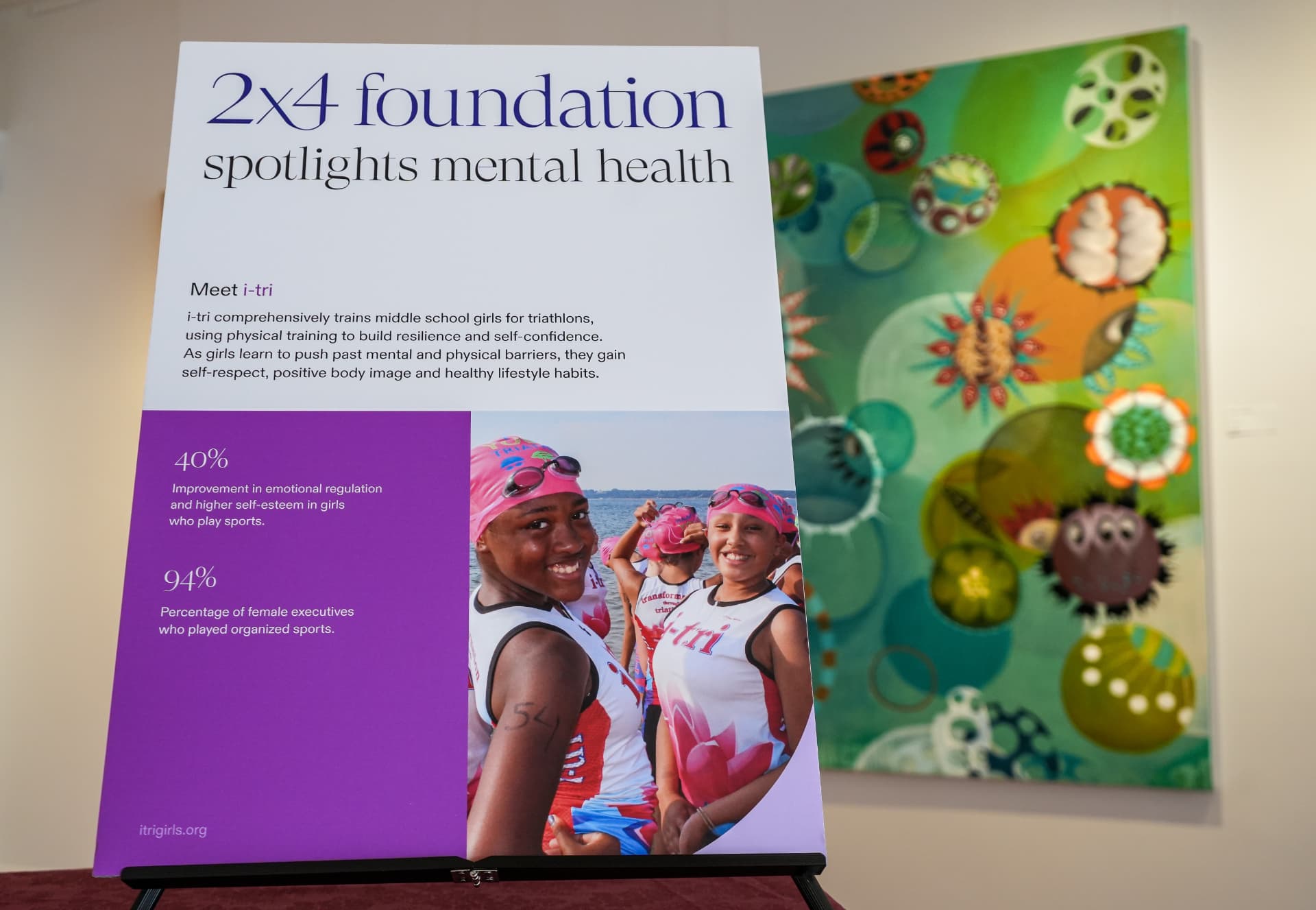 2x4 Foundation signage spotlighting mental health beside a vivid abstract canvas