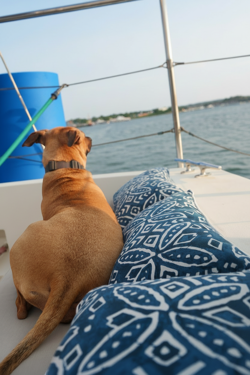 The boat dog resting against indigo cushions looking out to the water