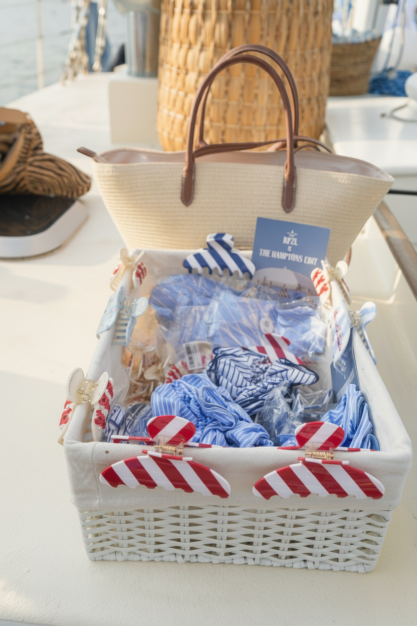 RPZL x The Hamptons Edit gifting basket styled on deck