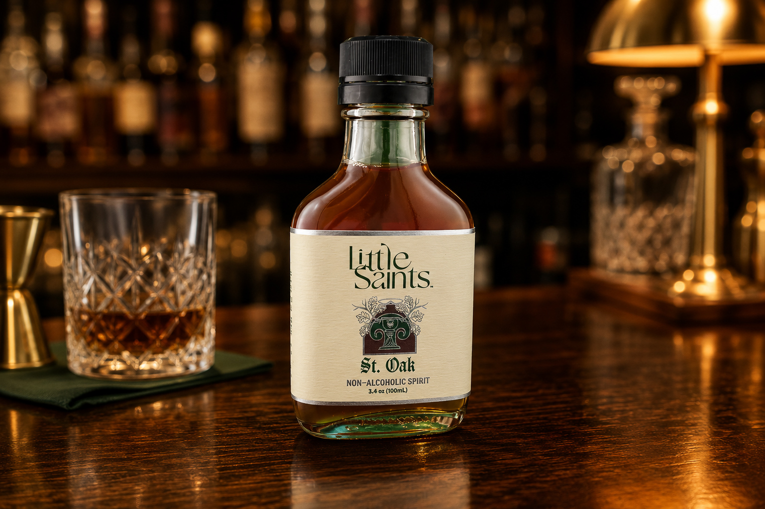 Little Saints St. Oak non-alcoholic spirit photographed on a dark bar with a cut-crystal glass