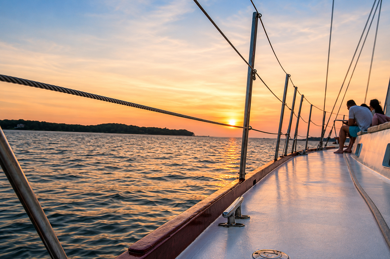 Sunset over the water from the yacht rail