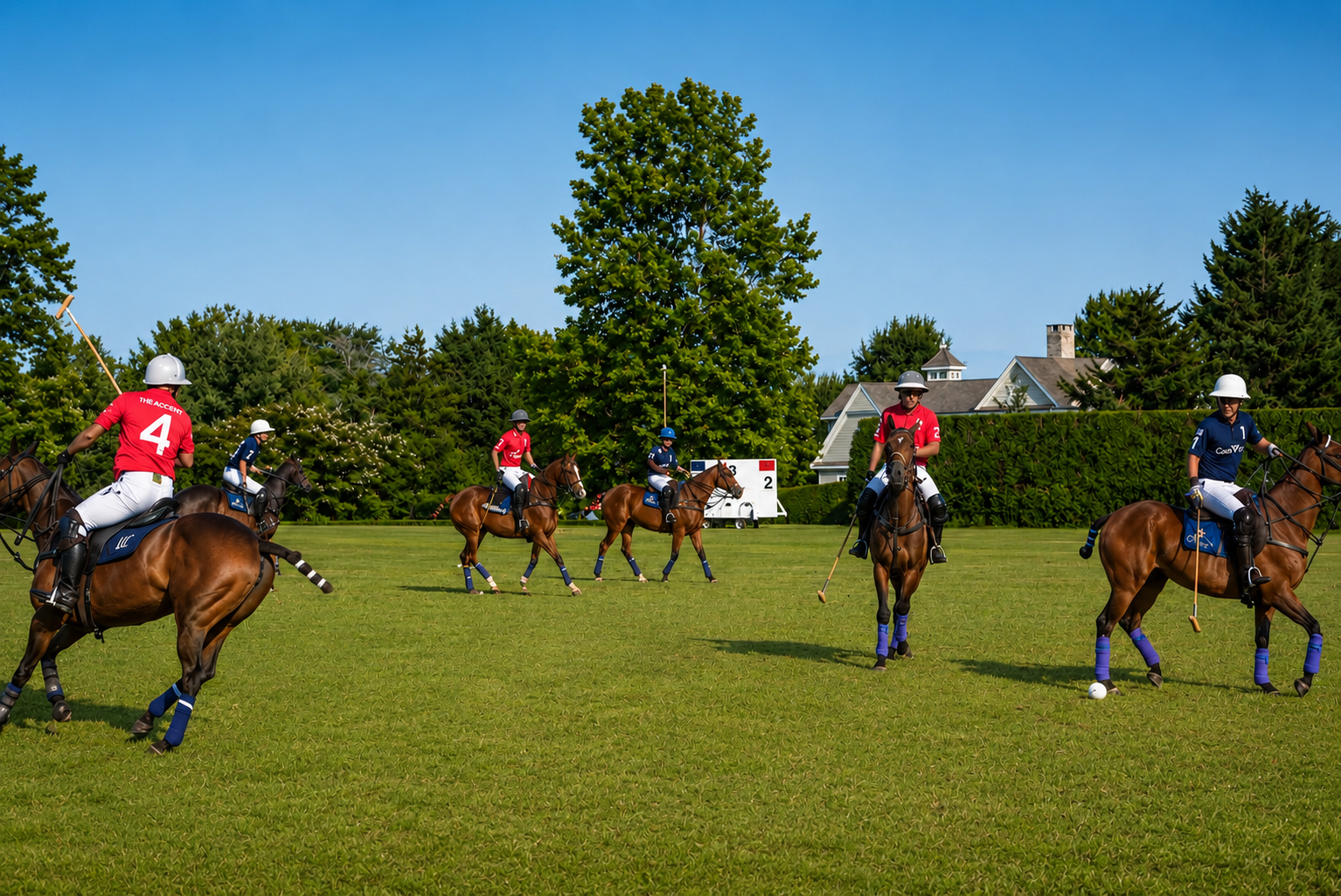 Polo players in red and navy squaring up on the field with a Hamptons estate beyond