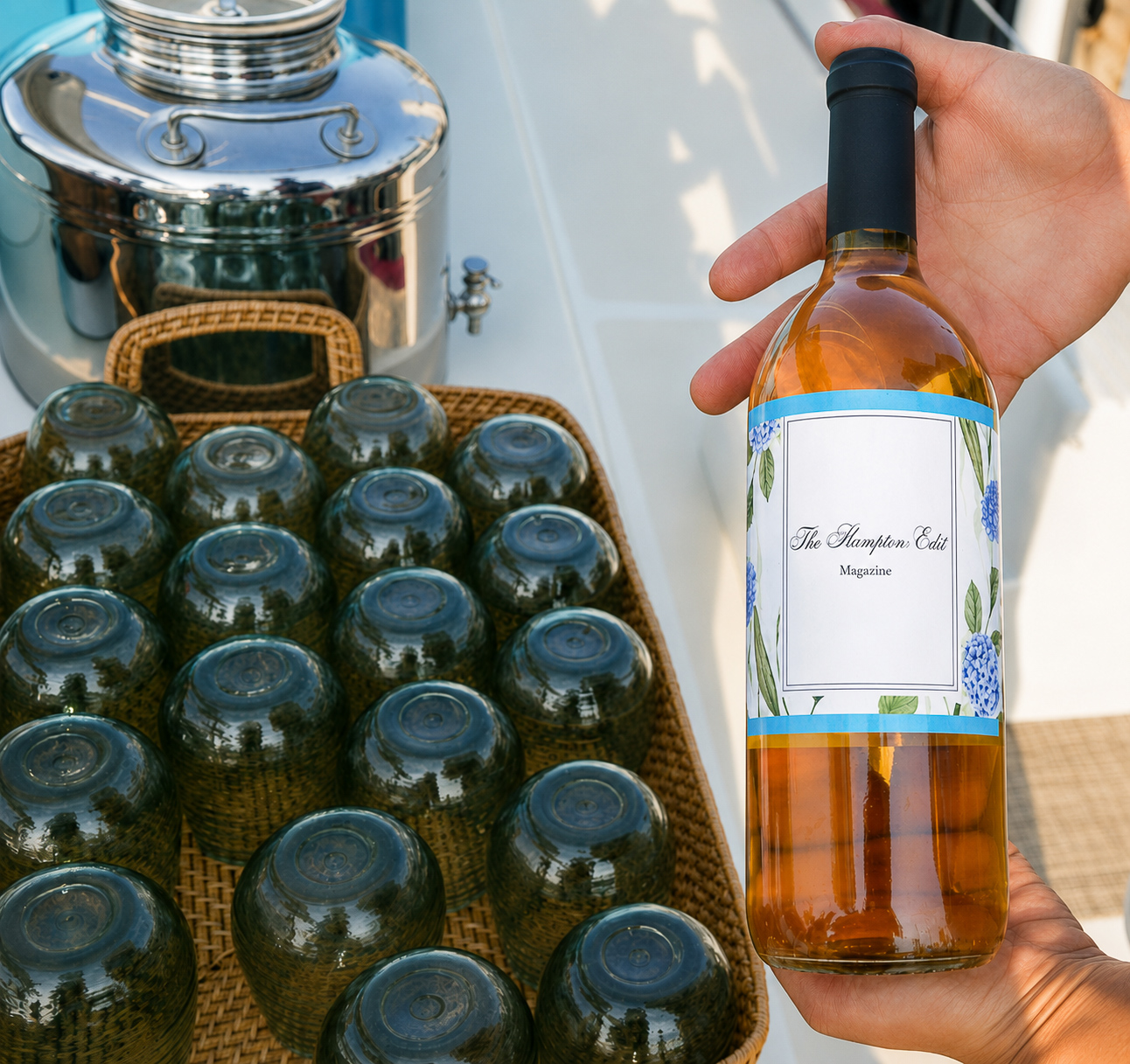 The Hamptons Edit branded bottle held beside glassware on deck
