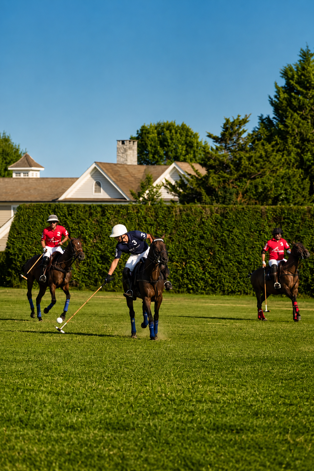 Navy number three reaching for the ball as red riders close in, Hamptons estate behind