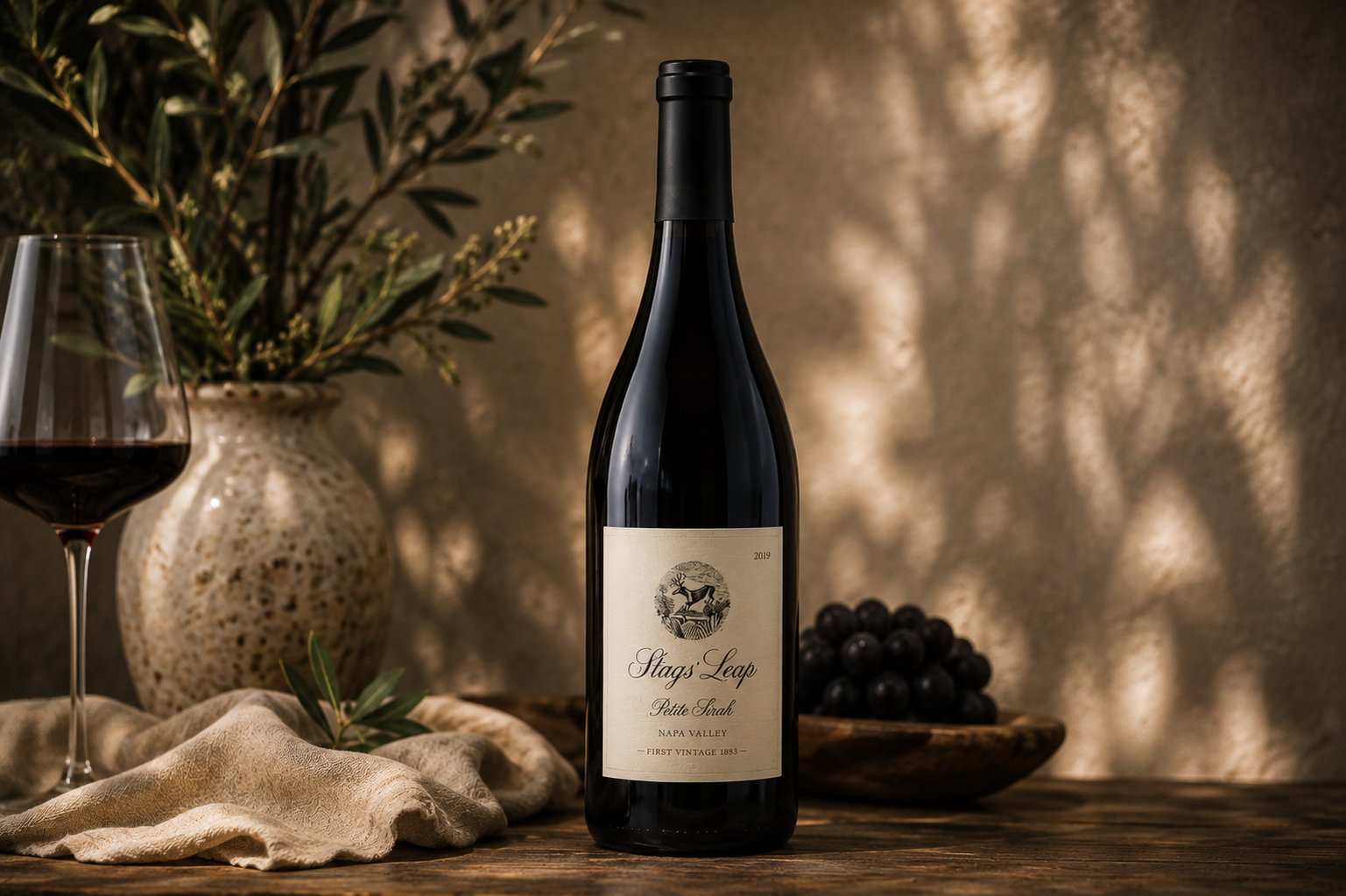 Stags' Leap Petite Sirah styled with olive branches, grapes and dappled light