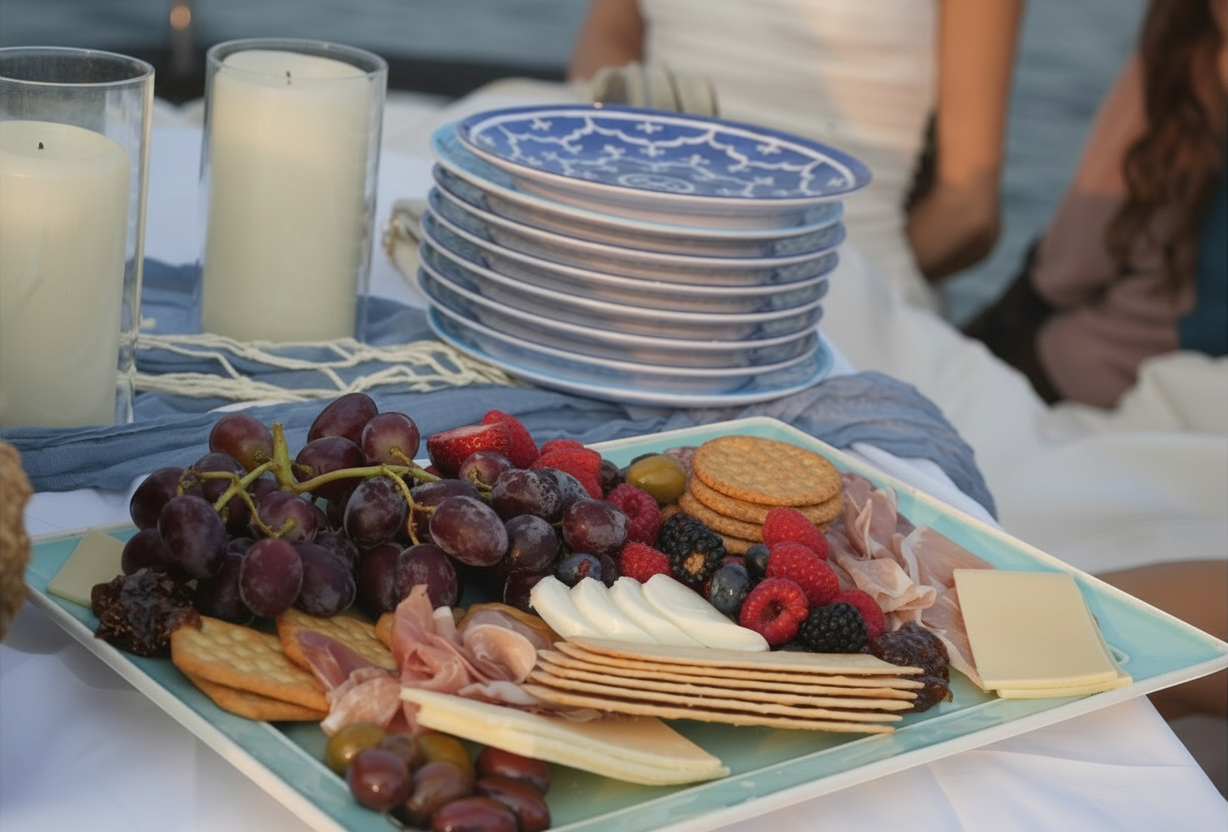 Grazing tray of fruit, cheese and charcuterie styled with candles on deck