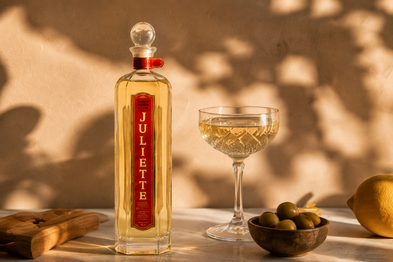 Juliette aperitif bottle with a coupe, olives and lemon in warm afternoon shadow