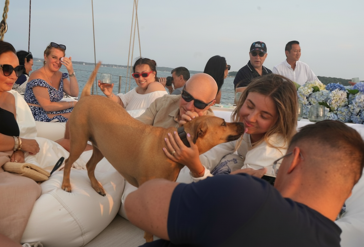 Guests laughing with the boat dog among hydrangeas at golden hour