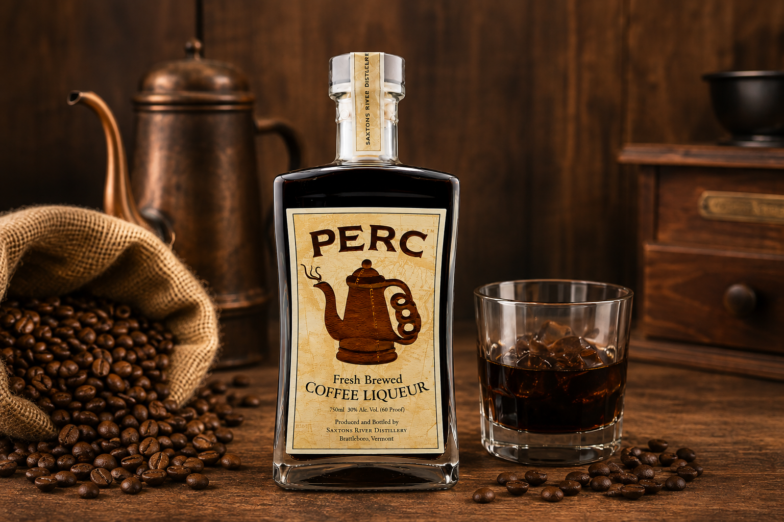 PERC coffee liqueur beside an iced pour, coffee beans and a copper kettle