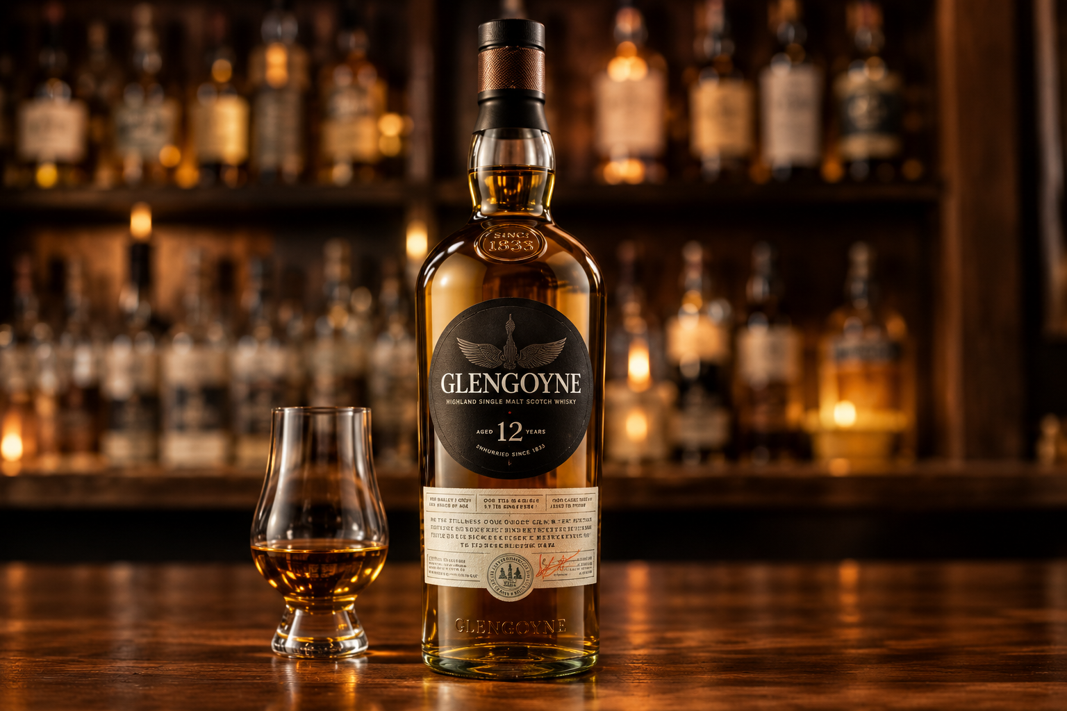 Glengoyne 12 Year single malt whisky and a filled nosing glass on a warm-lit bar